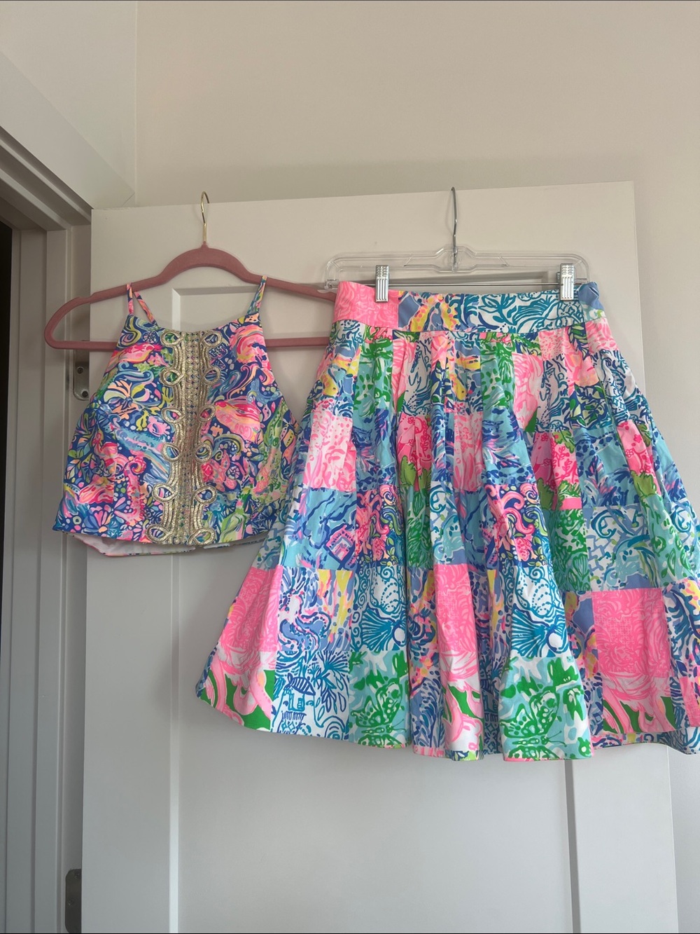 Lilly Pulitzer two piece patchwork crop top and skirt set size 4